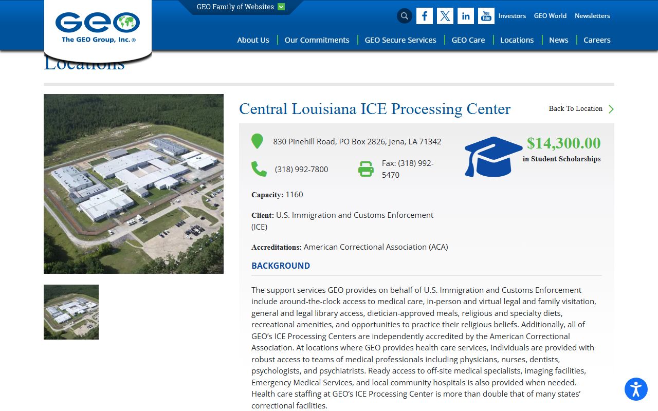 Central Louisiana ICE Processing Center detainee information on GEO facility page