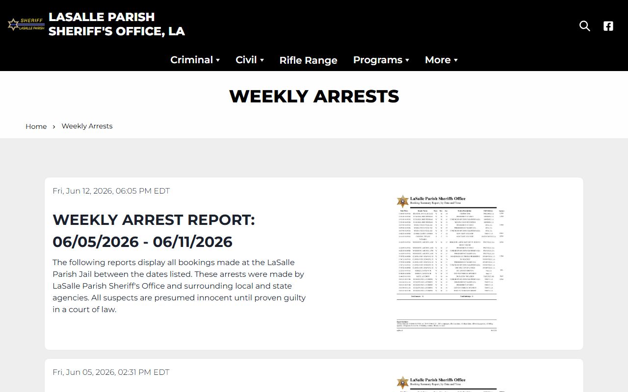 La Salle Parish jail mugshots weekly arrests booking report page